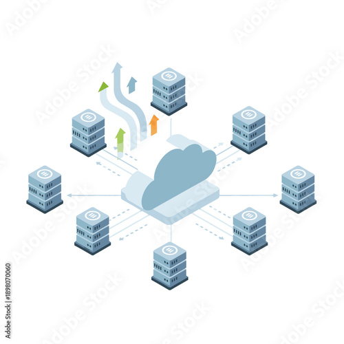 Cloud Computing Network with Multiple Servers and Data Transfer.