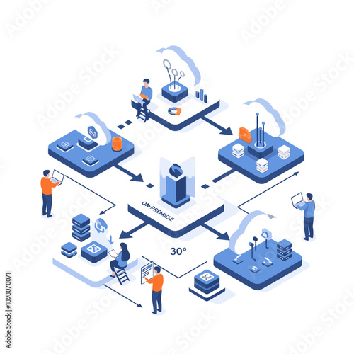 Isometric illustration of industrial process workflow with workers and machinery.