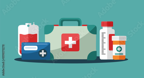 Flat vector illustration of medical supplies, first aid kit, blood bag, and medicine bottles on teal background