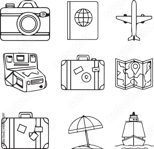Travel and tourism icons set with camera car map and media symbols in vector style.