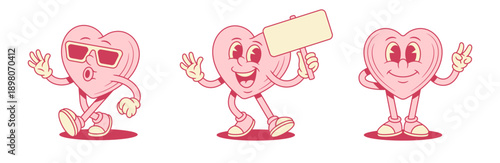 Comic heart pink cartoon character valentine set contoured vector flat illustration. Funky smiling like love minimalist mascot in sunglasses with signboard peace gesture positive emotion