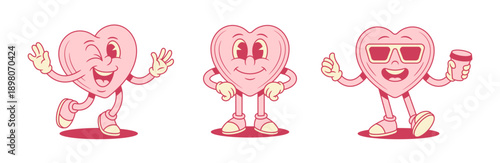 Happy pink heart cartoon character set positive personage contoured vector flat illustration. Smiling funky love like valentine minimalist mascot in sunglasses coffee take away greeting hi hello