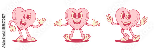 Comic funky pink heart cartoon character set positive personage contoured vector flat illustration. Cheerful cute like love valentines minimalist mascot presenting hi hello greeting welcome gesture