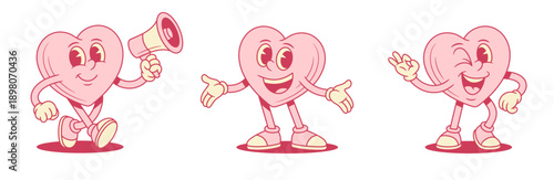 Comic pink heart cartoon character set smiling personage contoured vector flat illustration. Funny smiling like love valentine minimalist mascot megaphone advertising okay gesture welcome greeting