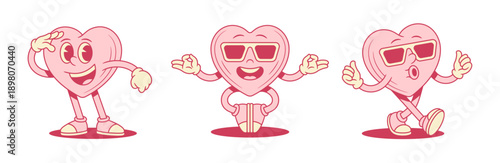 Smiling pink heart cartoon character set comic contoured vector flat illustration. Happy funky like love valentines minimalist mascot in sunglasses yoga meditation looking forward walking