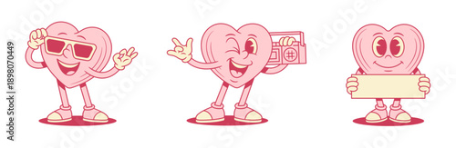 Cute pink heart cartoon character set positive personage contoured vector flat illustration. Funny smiling like love valentine minimalist mascot in sunglasses with placard promo retro music player
