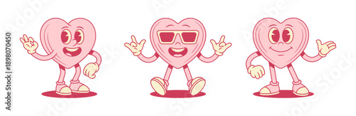 Smiling pink heart cartoon character set comic personage contoured vector flat illustration. Happy cheerful like love valentines minimalist mascot cool in sunglasses presenting okay gesture