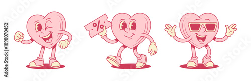 Happy comic pink heart cartoon character set funky contoured vector flat illustration. Smiling cheerful like love valentines minimalist mascot winked cool in sunglasses shopping sale discount