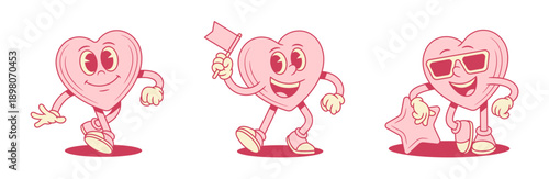 Happy pink heart cartoon character set funky contoured vector flat illustration. Smiling cheerful like love valentines minimalist mascot with flag walking sunglasses star best choice