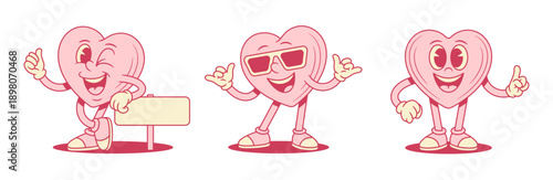 Smiling pink heart cartoon character set comic contoured vector flat illustration. Happy cheerful like love valentines minimalist mascot advertising signboard cool in sunglasses idea gesture