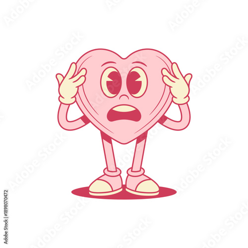 Shocked pink heart cartoon character comic personage contoured vector flat illustration. Surprised astonished like love romantic valentines minimalist mascot confused scared funky emotion