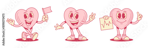 Happy pink heart cartoon character set comic personage contoured vector flat illustration. Smiling cheerful like love valentine minimalist mascot with flag heartbeat diagram peace gesture
