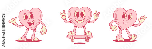 Cute pink heart cartoon character set comic funky contoured vector flat illustration. Cheerful smiling like love valentines minimalist mascot on skateboard rock cool okay surf relax gesture