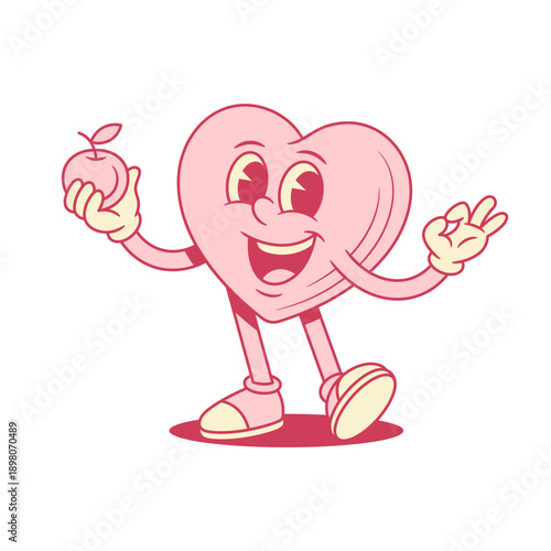 Happy pink heart cartoon character with apple healthy food contoured vector flat illustration. Smiling cheerful like love Saint Valentine's Day minimalist mascot fresh fruit eating idea okay gesture
