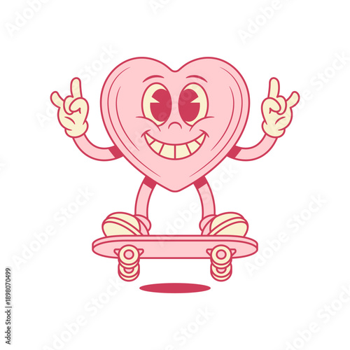 Laughing cool pink heart cartoon character on skateboard contoured vector flat illustration. Smiling happy like love Saint Valentine's Day minimalist mascot riding board teenage summer activity