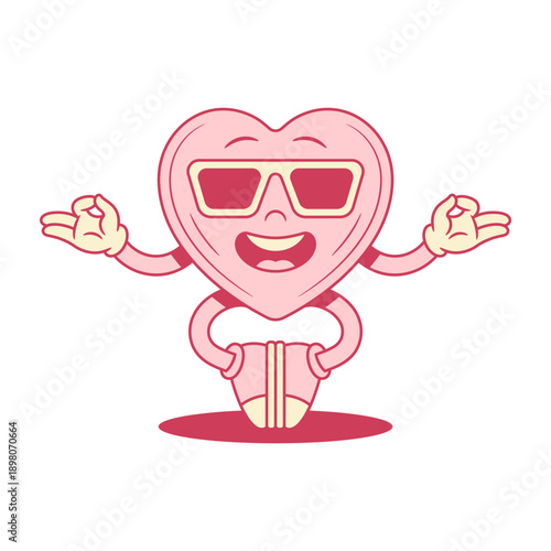 Cool pink heart cartoon character yoga meditation contoured vector flat illustration. Funky comic like love Saint Valentine's Day minimalist mascot in sunglasses asana lotus position relax no stress