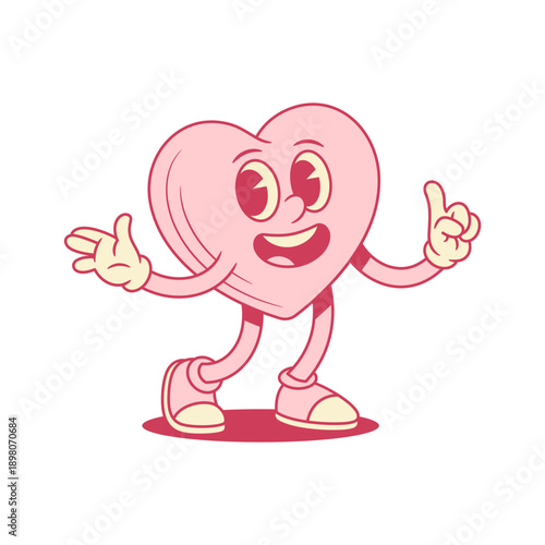 Smiling pink heart cartoon character idea wait gesture contoured vector flat illustration. Happy cheerful cute like love Saint Valentine's Day minimalist mascot attention warning pointing forefinger