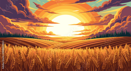 Golden Harvest Sunset Vector Illustration Over Rolling Wheat Fields At Dawn