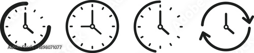 Set of four black and white clock icons representing time, duration, process, and continuous cycles on a clean white background.