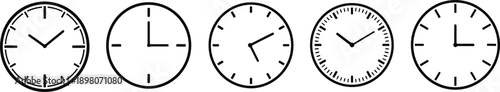 Set of five minimalist black and white clock icons displaying various times, simple vector graphics on a clean white background.