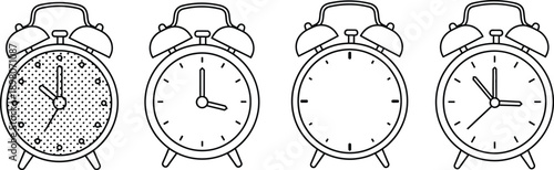 Four black and white line art illustrations of vintage alarm clocks, each displaying different times and face designs, isolated on a clean background.