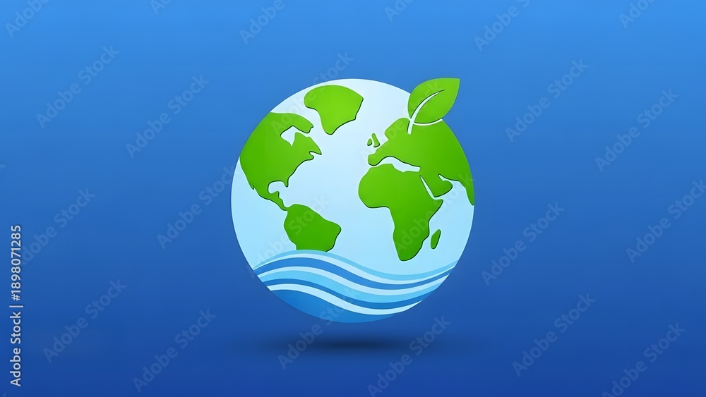 Fototapeta premium Green Earth Icon with Waves and Leaf: Environmental Protection Concept