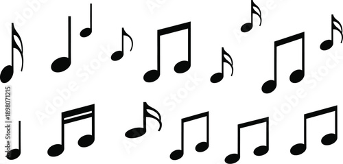 A collection of black musical notes, including eighth and sixteenth notes, scattered randomly on a clean white background, symbolizing melody and rhythm.