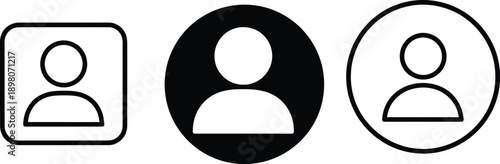 Simple user profile icon set featuring three distinct styles: outlined square, solid circular, and outlined circular designs.