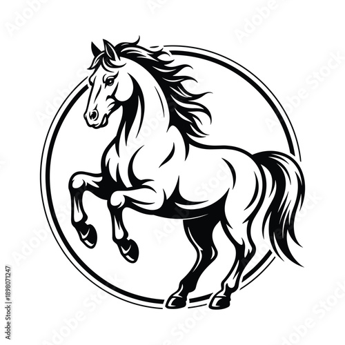 Powerful rearing black horse illustration inside a circular frame isolated on transparent background