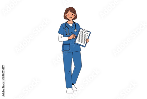 Female nurse holding clipboard and wearing stethoscope, blue scrubs, vector illustration for healthcare or medical presentation