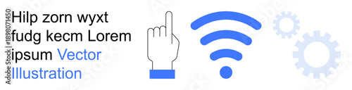 Technology, connectivity, user interaction, wireless networks, digital systems, automation processes. Hand clicking icon, wireless signal and gear illustrations. Connectivity and technology concepts