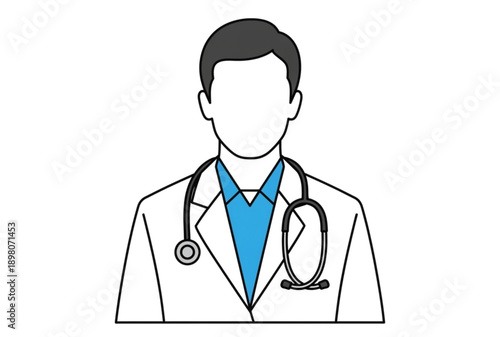 Vector illustration of a faceless male doctor or physician with stethoscope, wearing white lab coat and blue shirt, for medical or healthcare design, Isolated on transparent background, png