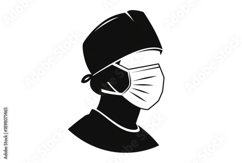 Black and white vector illustration of a healthcare worker wearing a surgical mask and cap, isolated on transparent background, png