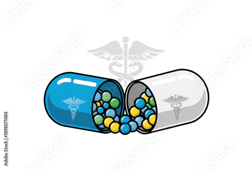 Vector medical capsule pills with colored medication and caduceus symbol, isolated on transparent background, png, for health or pharmaceutical design