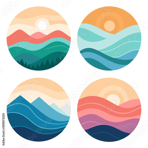 Four circular landscape illustrations showcasing various mountain ranges and sunsets from a high vantage point