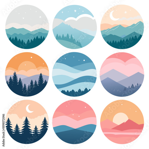 A serene landscape illustration featuring mountains, trees, and a moonlit sky, depicted in a series of circular icons with varying color palettes and celestial elements.