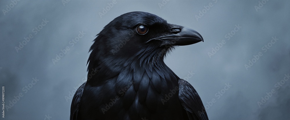 Fototapeta premium Majestic black raven portrait with detailed feathers and piercing dark eye against moody blue-gray background for wildlife and nature projects