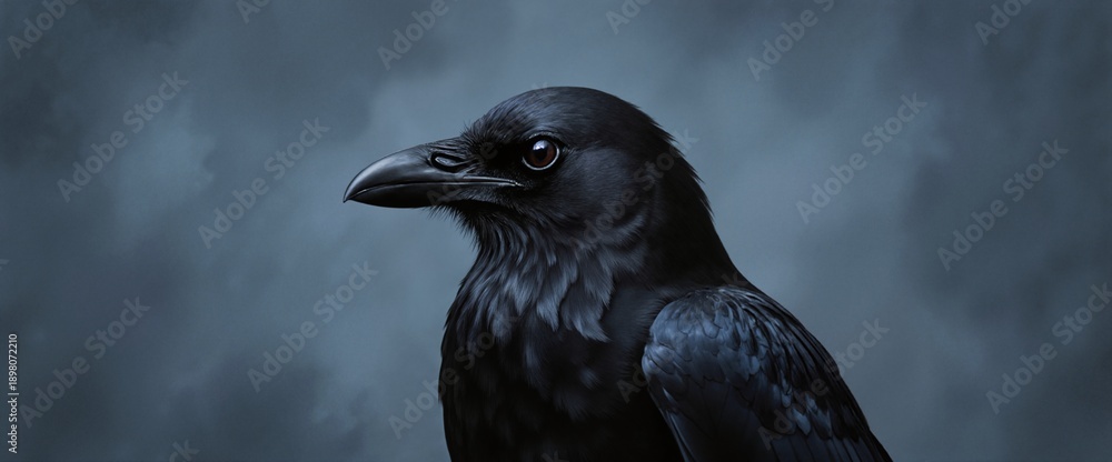 Fototapeta premium Majestic black raven portrait with detailed feathers and piercing dark eye against moody blue-gray background for wildlife and nature projects