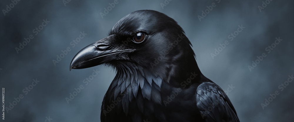Fototapeta premium Majestic black raven portrait with detailed feathers and piercing dark eye against moody blue-gray background for wildlife and nature projects