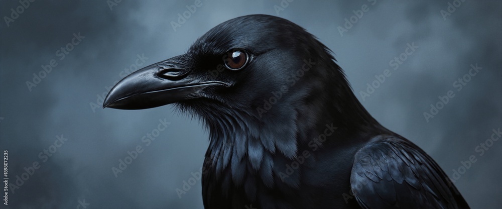 Fototapeta premium Majestic black raven portrait with detailed feathers and piercing dark eye against moody blue-gray background for wildlife and nature projects