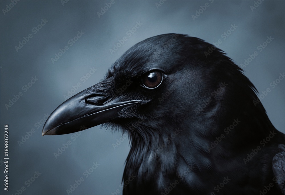 Fototapeta premium Majestic black raven portrait with detailed feathers and piercing dark eye against moody blue-gray background for wildlife and nature projects