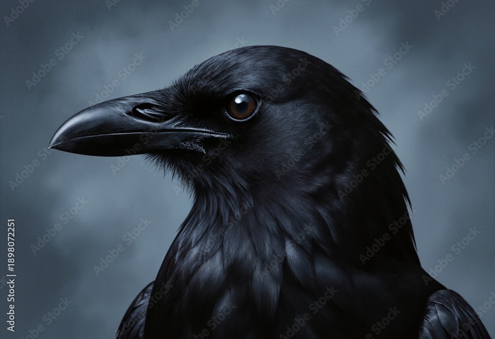 Naklejka premium Majestic black raven portrait with detailed feathers and piercing dark eye against moody blue-gray background for wildlife and nature projects