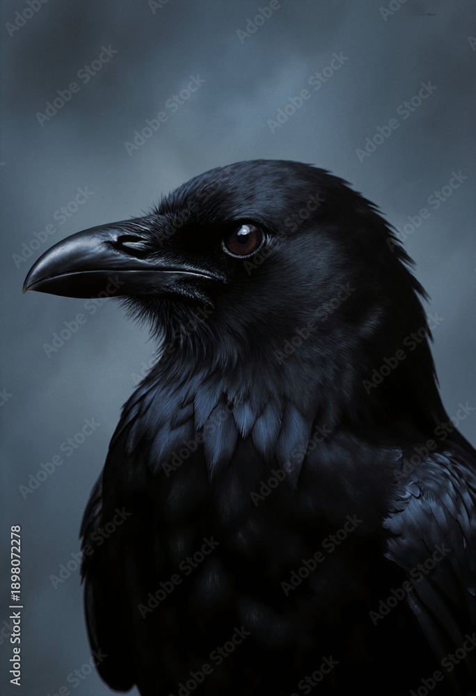 Fototapeta premium Majestic black raven portrait with detailed feathers and piercing dark eye against moody blue-gray background for wildlife and nature projects