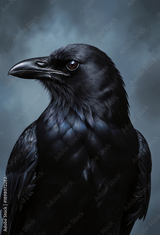 Fototapeta premium Majestic black raven portrait with detailed feathers and piercing dark eye against moody blue-gray background for wildlife and nature projects