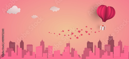 Heart balloon with gift box floating top the city, happy valentine's day banners, paper art style.