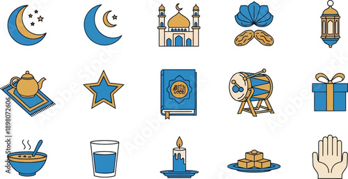 Ramadan Kareem illustrations with mosque, lantern, dates, and traditional symbols on white