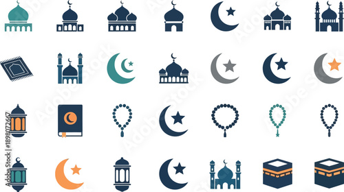 Islamic symbols and icons including mosques, lanterns, and crescent moons are displayed.