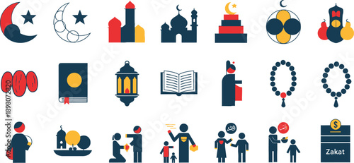 Ramadan Kareem festive icons depict mosque, lantern, and people celebrating together.