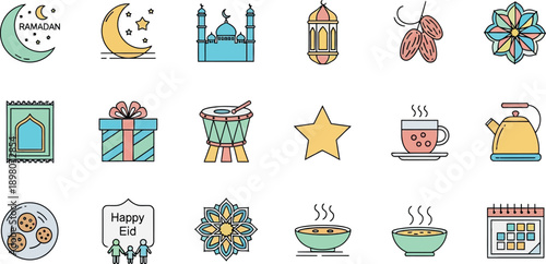 Collection of colorful Ramadan icons featuring traditional elements and festive designs for Eid celebration