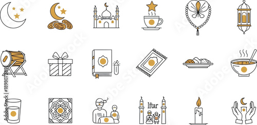 Collection of simple line icons representing Islamic symbols and Ramadan themes, including crescent moon, lantern, and traditional foods, on a white background.
